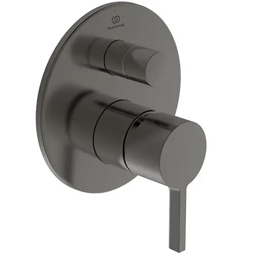 Wandmontierte Badarmatur in mattem Grau von Ideal Standard mit zwei Drehgriffen zur Regelung von Wasserfluss und Temperatur.